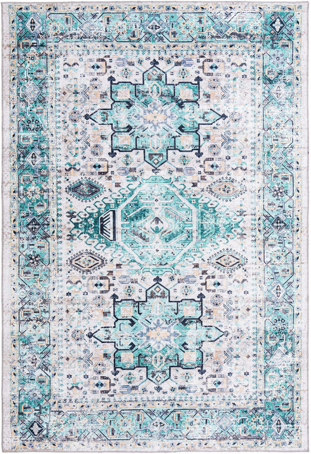 Washable Aqua Green 6' x 9' Yara Rectangle Area Rug Easy to Clean Stain Resistant & Durable Polyester & Chenille Carpet for Sale at Rug Engine