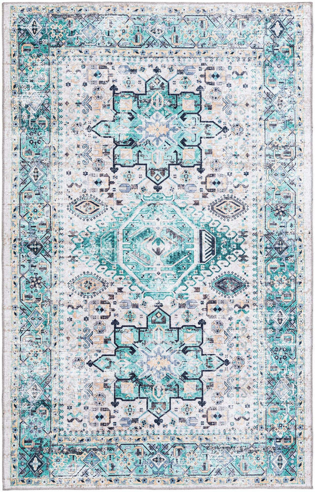 Washable Aqua Green 5' x 8' Yara Rectangle Area Rug Easy to Clean Stain Resistant & Durable Polyester & Chenille Carpet for Sale at Rug Engine