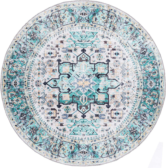 Washable Aqua Green 6' x 6' Yara Round Area Rug Easy to Clean Stain Resistant & Durable Polyester & Chenille Carpet for Sale at Rug Engine