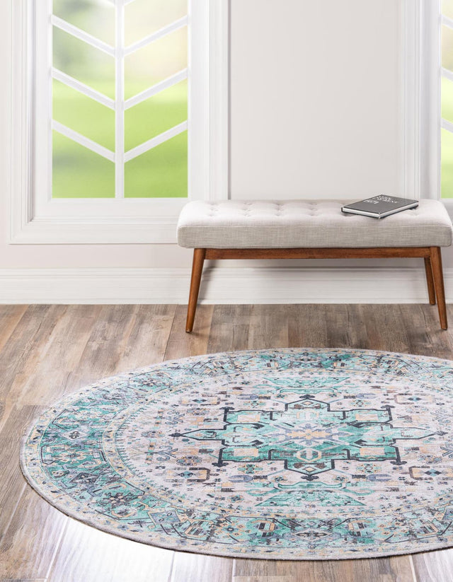 Washable Aqua Green 6' x 6' Yara Round Area Rug Easy to Clean Stain Resistant & Durable Polyester & Chenille Carpet for Sale at Rug Engine