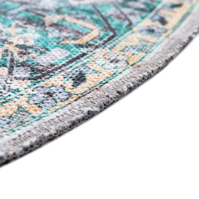 Washable Aqua Green 7' 10 x 7' 10 Yara Round Area Rug Easy to Clean Stain Resistant & Durable Polyester & Chenille Carpet for Sale at Rug Engine