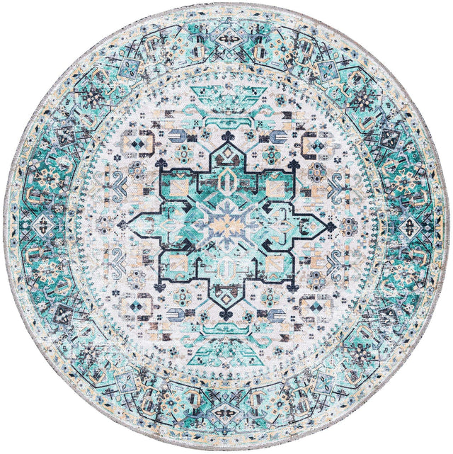 Washable Aqua Green 4' x 4' Yara Round Area Rug Easy to Clean Stain Resistant & Durable Polyester & Chenille Carpet for Sale at Rug Engine