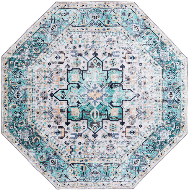 Washable Aqua Green 7' 10 x 7' 10 Yara Octagon Area Rug Easy to Clean Stain Resistant & Durable Polyester & Chenille Carpet for Sale at Rug Engine