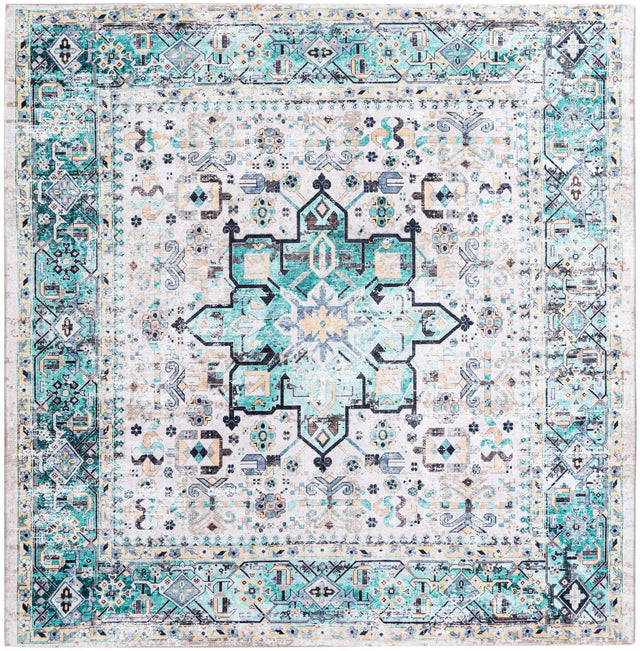 Washable Aqua Green 7' 10 x 7' 10 Yara Square Area Rug Easy to Clean Stain Resistant & Durable Polyester & Chenille Carpet for Sale at Rug Engine