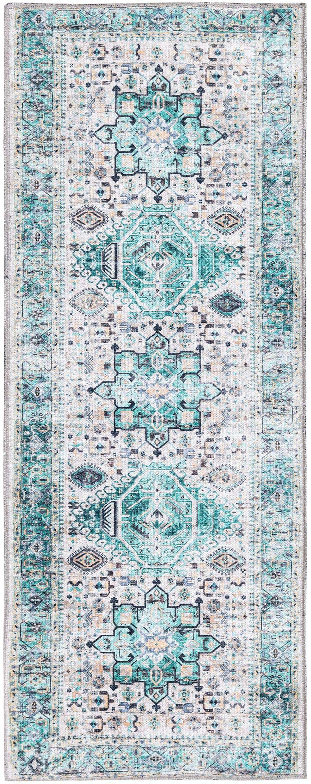 Washable Aqua Green 2' x 5' Yara Runner Area Rug Easy to Clean Stain Resistant & Durable Polyester & Chenille Carpet for Sale at Rug Engine
