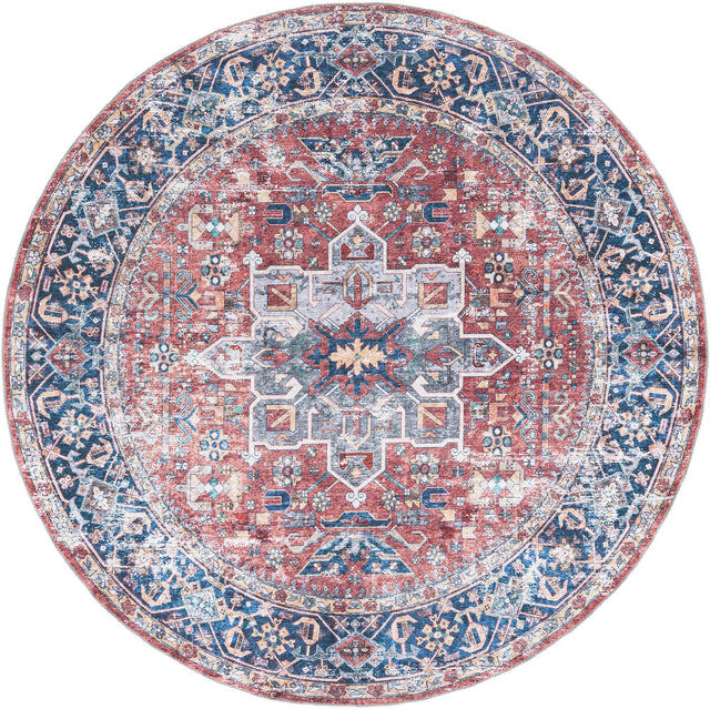Washable Rust Red 7' 10 x 7' 10 Yara Round Area Rug Easy to Clean Stain Resistant & Durable Polyester & Chenille Carpet for Sale at Rug Engine