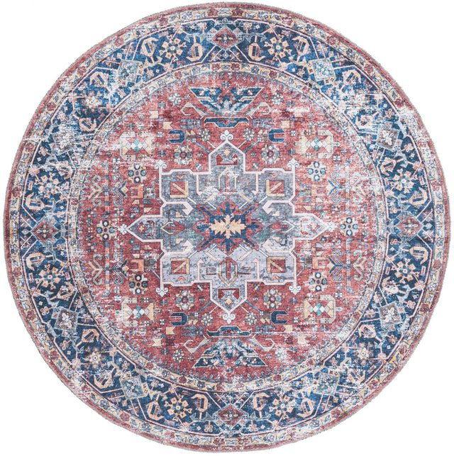 Washable Rust Red 6' x 6' Yara Round Area Rug Easy to Clean Stain Resistant & Durable Polyester & Chenille Carpet for Sale at Rug Engine