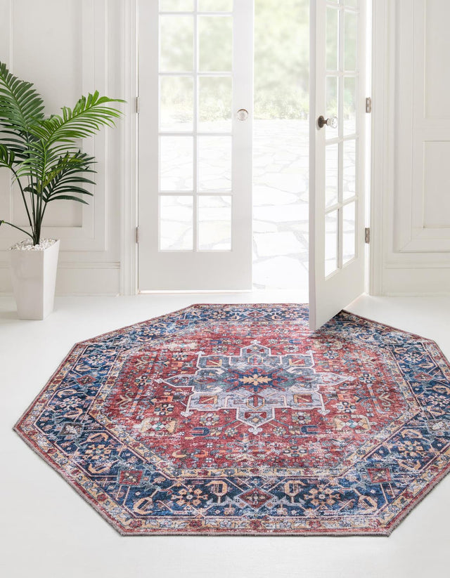 Washable Rust Red 5' x 5' Yara Octagon Area Rug Easy to Clean Stain Resistant & Durable Polyester & Chenille Carpet for Sale at Rug Engine