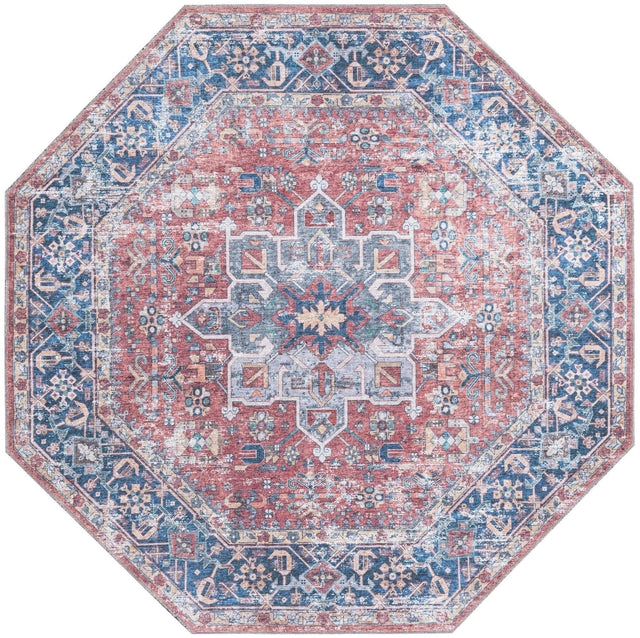 Washable Rust Red 5' x 5' Yara Octagon Area Rug Easy to Clean Stain Resistant & Durable Polyester & Chenille Carpet for Sale at Rug Engine