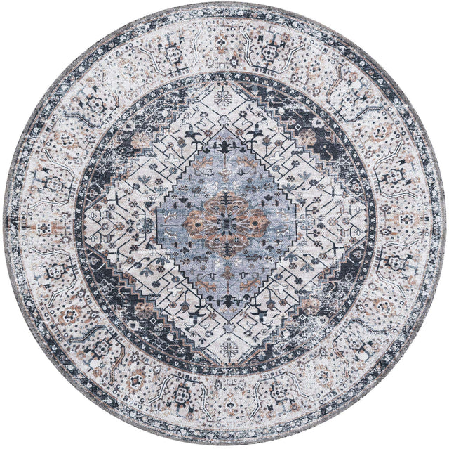 Washable Linen Charcoal 4' x 4' Yara Round Area Rug Easy to Clean Stain Resistant & Durable Polyester & Chenille Carpet for Sale at Rug Engine