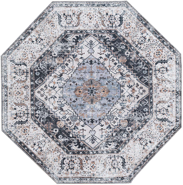 Washable Linen Charcoal 5' x 5' Yara Octagon Area Rug Easy to Clean Stain Resistant & Durable Polyester & Chenille Carpet for Sale at Rug Engine