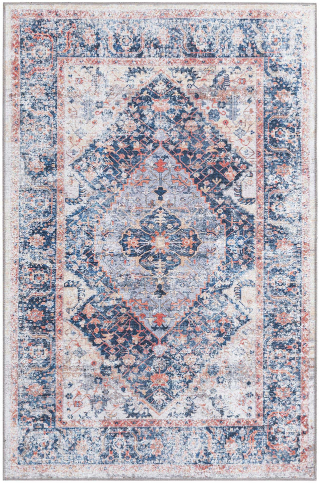 Washable Navy Blue 4' x 6' Yara Rectangle Area Rug Easy to Clean Stain Resistant & Durable Polyester & Chenille Carpet for Sale at Rug Engine
