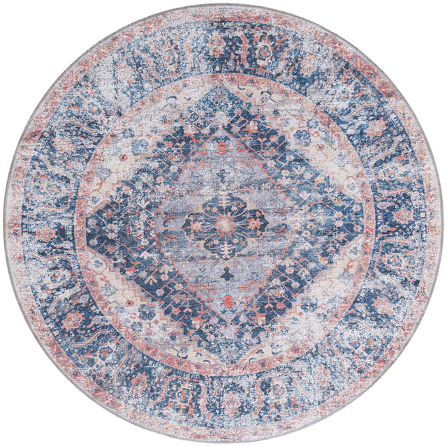 Washable Navy Blue 6' x 6' Yara Round Area Rug Easy to Clean Stain Resistant & Durable Polyester & Chenille Carpet for Sale at Rug Engine