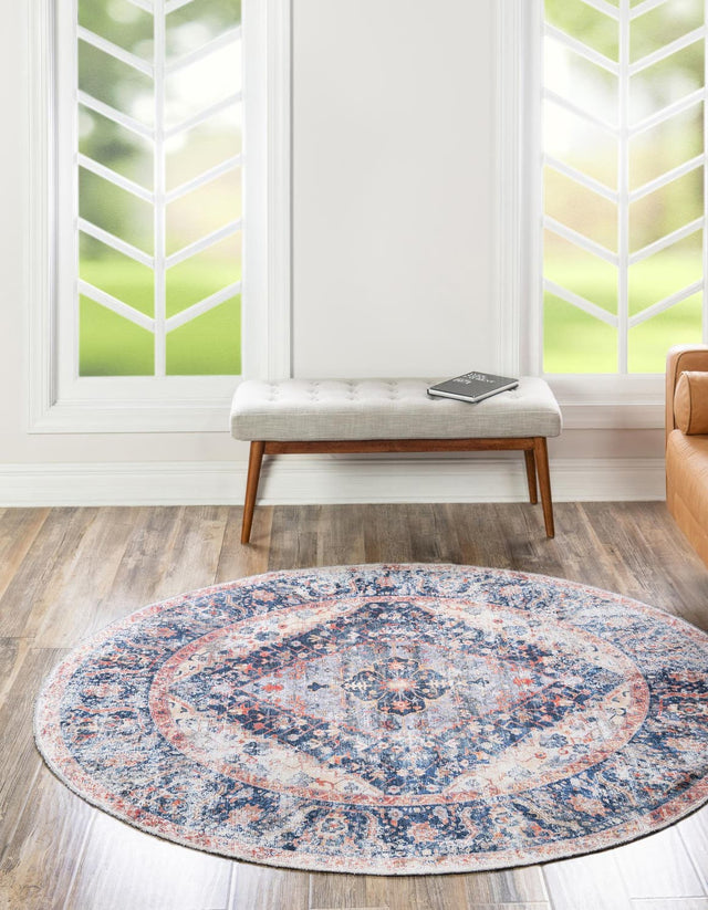 Washable Navy Blue 6' x 6' Yara Round Area Rug Easy to Clean Stain Resistant & Durable Polyester & Chenille Carpet for Sale at Rug Engine