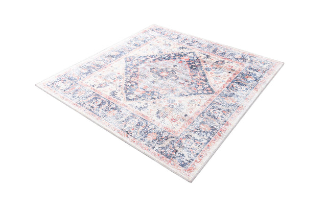 Washable Navy Blue 5' x 5' Yara Square Area Rug Easy to Clean Stain Resistant & Durable Polyester & Chenille Carpet for Sale at Rug Engine