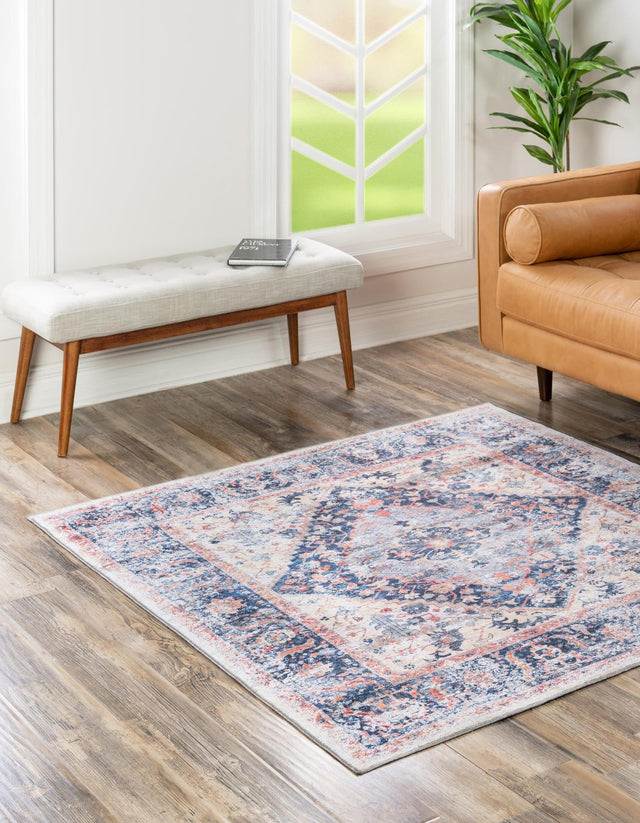 Washable Navy Blue 5' x 5' Yara Square Area Rug Easy to Clean Stain Resistant & Durable Polyester & Chenille Carpet for Sale at Rug Engine