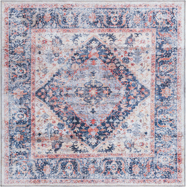 Washable Navy Blue 5' x 5' Yara Square Area Rug Easy to Clean Stain Resistant & Durable Polyester & Chenille Carpet for Sale at Rug Engine