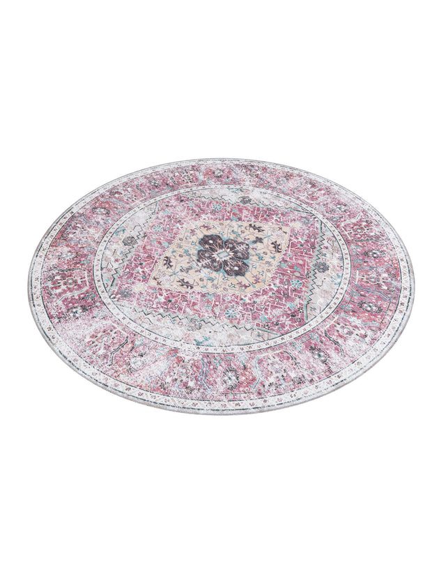 Washable Light Coral Pink 7' 10 x 7' 10 Yara Round Area Rug Easy to Clean Stain Resistant & Durable Polyester & Chenille Carpet for Sale at Rug Engine