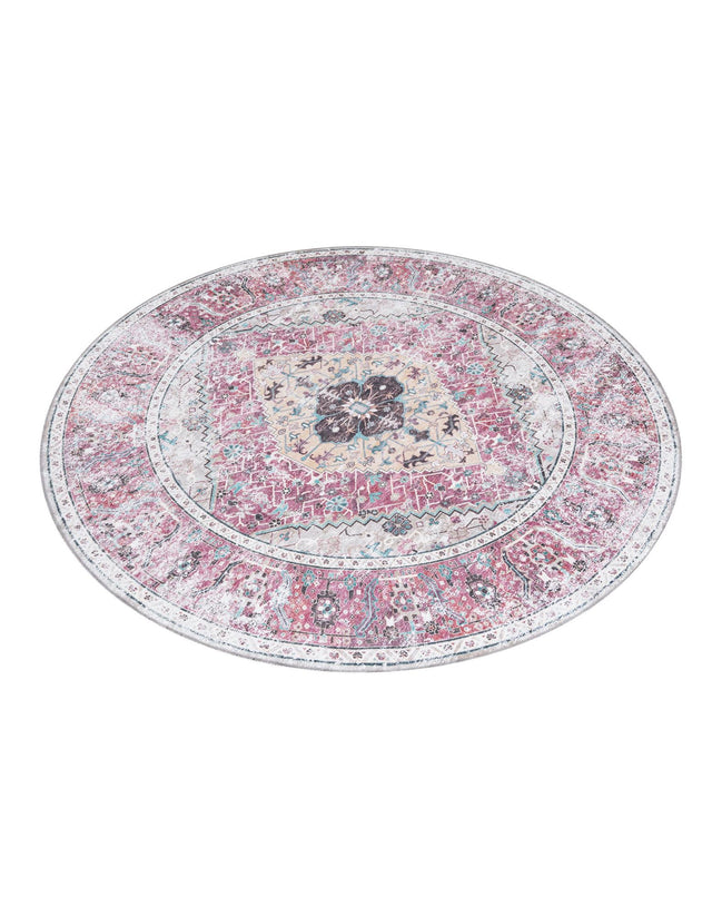 Washable Light Coral Pink 7' 10 x 7' 10 Yara Round Area Rug Easy to Clean Stain Resistant & Durable Polyester & Chenille Carpet for Sale at Rug Engine