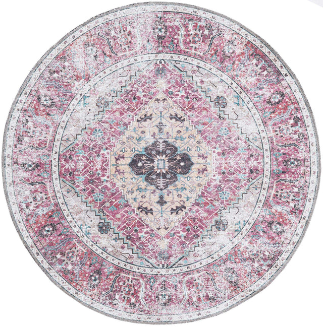 Washable Light Coral Pink 4' x 4' Yara Round Area Rug Easy to Clean Stain Resistant & Durable Polyester & Chenille Carpet for Sale at Rug Engine