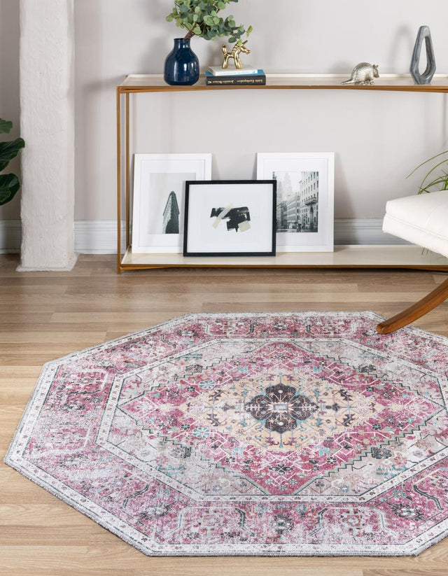 Washable Light Coral Pink 7' 10 x 7' 10 Yara Octagon Area Rug Easy to Clean Stain Resistant & Durable Polyester & Chenille Carpet for Sale at Rug Engine