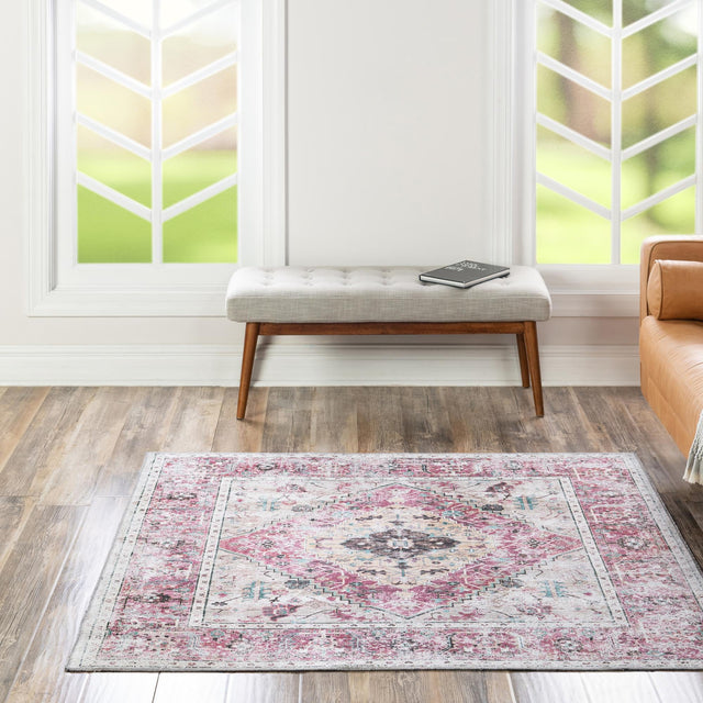 Washable Light Coral Pink 7' 10 x 7' 10 Yara Square Area Rug Easy to Clean Stain Resistant & Durable Polyester & Chenille Carpet for Sale at Rug Engine