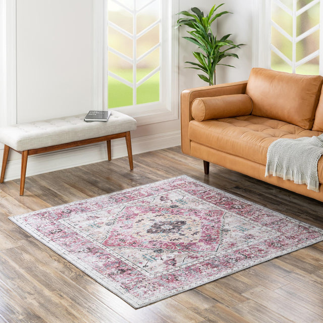 Washable Light Coral Pink 7' 10 x 7' 10 Yara Square Area Rug Easy to Clean Stain Resistant & Durable Polyester & Chenille Carpet for Sale at Rug Engine
