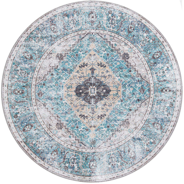 Washable Seaglass 6' x 6' Yara Round Area Rug Easy to Clean Stain Resistant & Durable Polyester & Chenille Carpet for Sale at Rug Engine