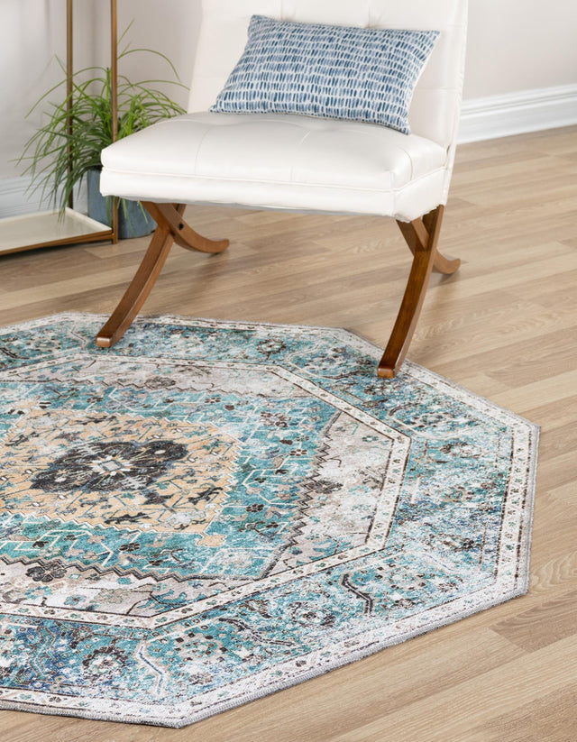 Washable Seaglass 5' x 5' Yara Octagon Area Rug Easy to Clean Stain Resistant & Durable Polyester & Chenille Carpet for Sale at Rug Engine