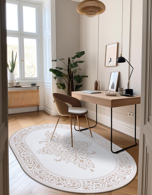 Snow White 2' x 3' Hermitage Oval Area Rug 55% Polypropylene & 45% Polyester Easy Clean Stain-Resistant Carpet for Living, Office, Dorm Rooms for Sale at Rug Engine