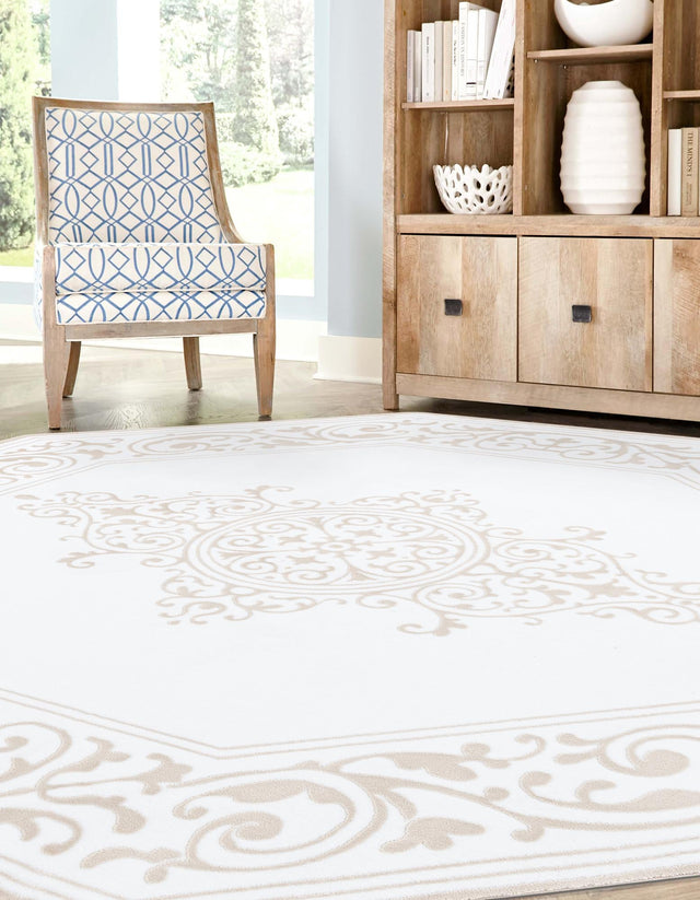 Snow White 7' 10 x 7' 10 Hermitage Octagon Area Rug 55% Polypropylene & 45% Polyester Easy Clean Stain-Resistant Carpet for Living, Office, Dorm Rooms for Sale at Rug Engine