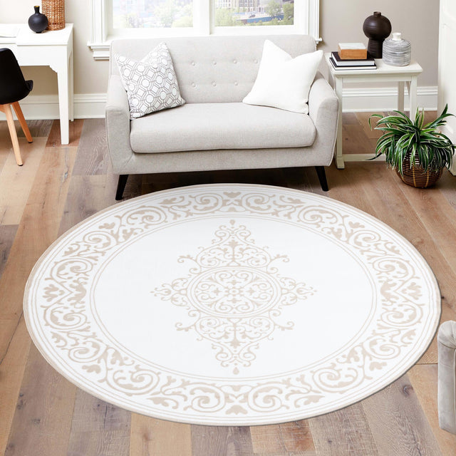 Snow White 4' x 4' Hermitage Round Area Rug 55% Polypropylene & 45% Polyester Easy Clean Stain-Resistant Carpet for Living, Office, Dorm Rooms for Sale at Rug Engine