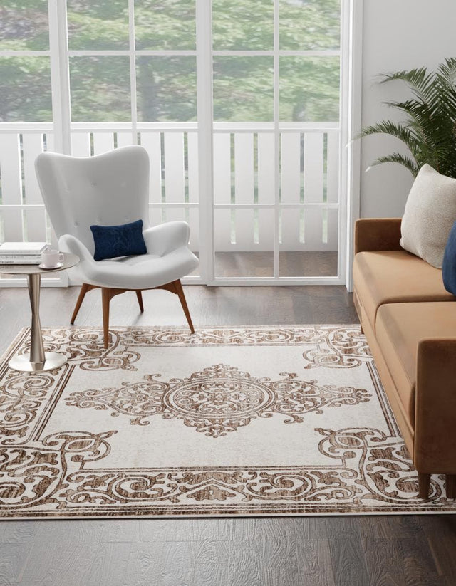 Chocolate Brown 6' x 6' Hermitage Square Area Rug 55% Polypropylene & 45% Polyester Easy Clean Stain-Resistant Carpet for Living, Office, Dorm Rooms for Sale at Rug Engine