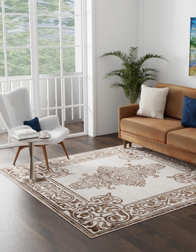 Chocolate Brown 6' x 6' Hermitage Square Area Rug 55% Polypropylene & 45% Polyester Easy Clean Stain-Resistant Carpet for Living, Office, Dorm Rooms for Sale at Rug Engine