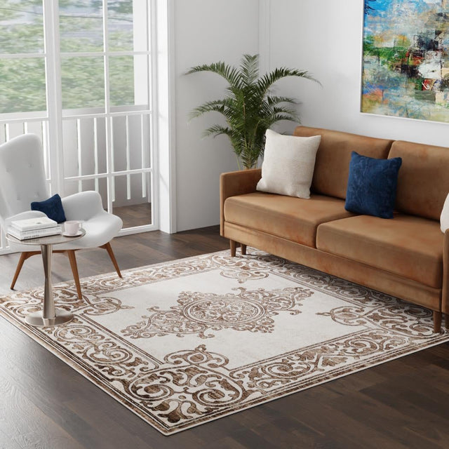 Chocolate Brown 7' 10 x 7' 10 Hermitage Square Area Rug 55% Polypropylene & 45% Polyester Easy Clean Stain-Resistant Carpet for Living, Office, Dorm Rooms for Sale at Rug Engine