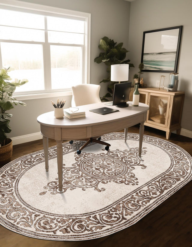 Chocolate Brown 4' x 6' Hermitage Oval Area Rug 55% Polypropylene & 45% Polyester Easy Clean Stain-Resistant Carpet for Living, Office, Dorm Rooms for Sale at Rug Engine