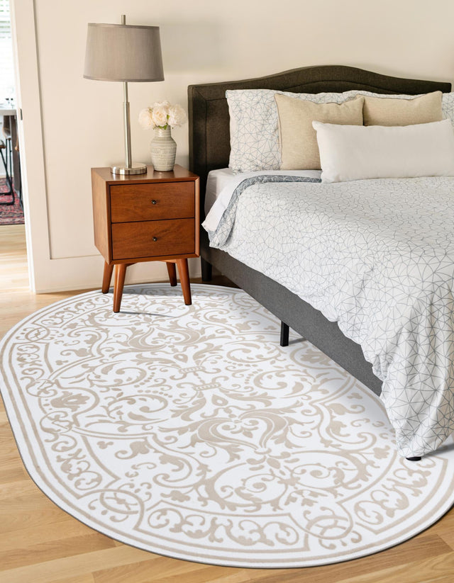 Snow White 7' x 10' Hermitage Oval Area Rug 55% Polypropylene & 45% Polyester Easy Clean Stain-Resistant Carpet for Living, Office, Dorm Rooms for Sale at Rug Engine