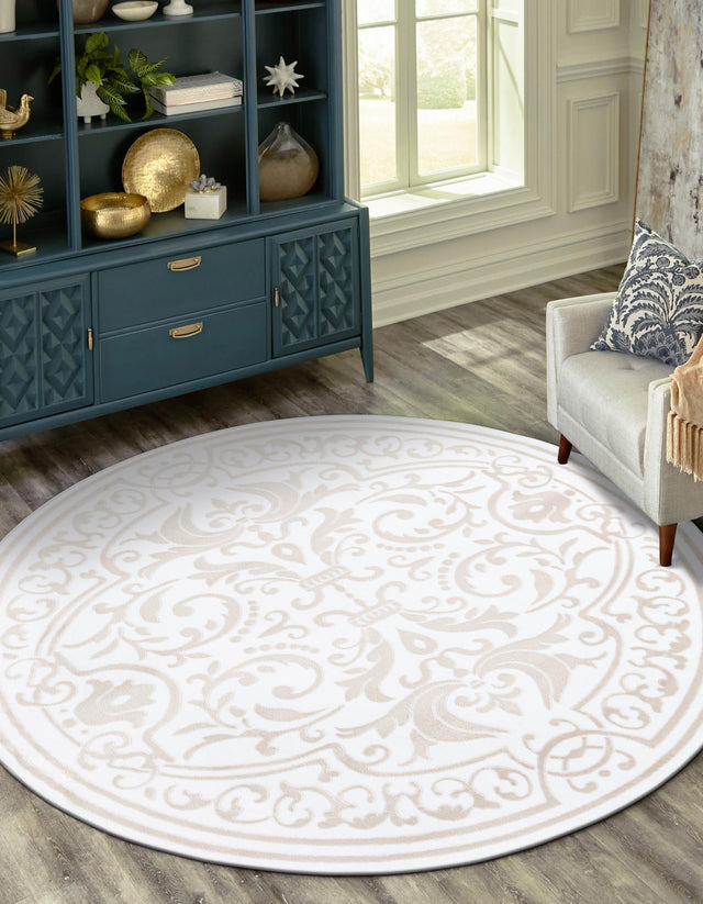Snow White 6' x 6' Hermitage Round Area Rug 55% Polypropylene & 45% Polyester Easy Clean Stain-Resistant Carpet for Living, Office, Dorm Rooms for Sale at Rug Engine