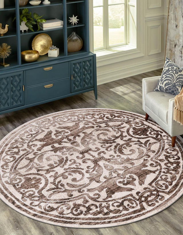 Chocolate Brown 4' x 4' Hermitage Round Area Rug 55% Polypropylene & 45% Polyester Easy Clean Stain-Resistant Carpet for Living, Office, Dorm Rooms for Sale at Rug Engine