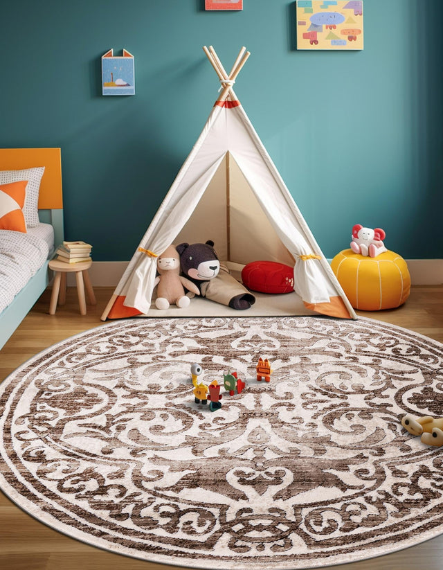 Chocolate Brown 10' 8 x 10' 8 Hermitage Round Area Rug 55% Polypropylene & 45% Polyester Easy Clean Stain-Resistant Carpet for Living, Office, Dorm Rooms for Sale at Rug Engine