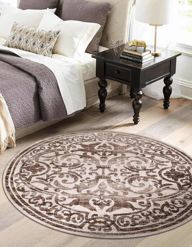 Chocolate Brown 10' 8 x 10' 8 Hermitage Round Area Rug 55% Polypropylene & 45% Polyester Easy Clean Stain-Resistant Carpet for Living, Office, Dorm Rooms for Sale at Rug Engine