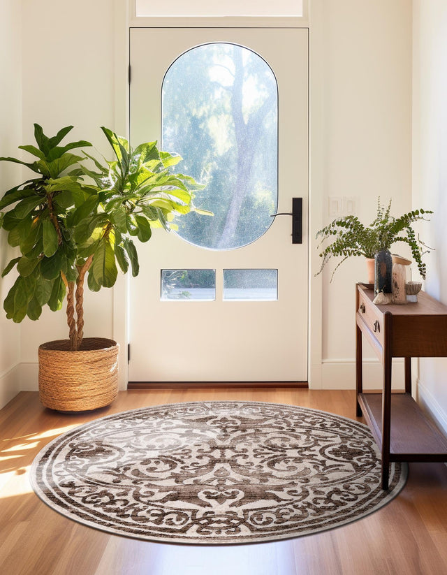 Chocolate Brown 7' 10 x 7' 10 Hermitage Round Area Rug 55% Polypropylene & 45% Polyester Easy Clean Stain-Resistant Carpet for Living, Office, Dorm Rooms for Sale at Rug Engine