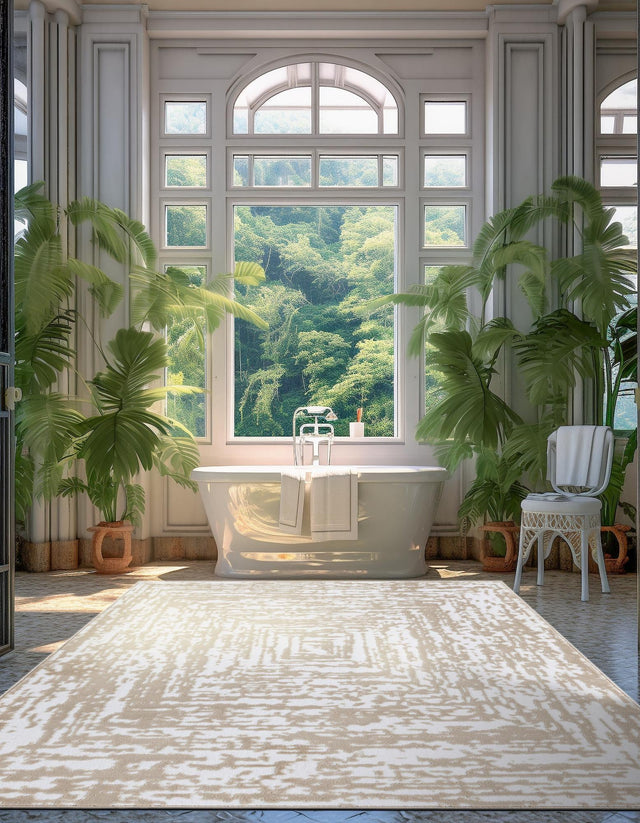 White Bone 7' x 10' Hermitage Rectangle Area Rug 55% Polypropylene & 45% Polyester Easy Clean Stain-Resistant Carpet for Living, Office, Dorm Rooms for Sale at Rug Engine