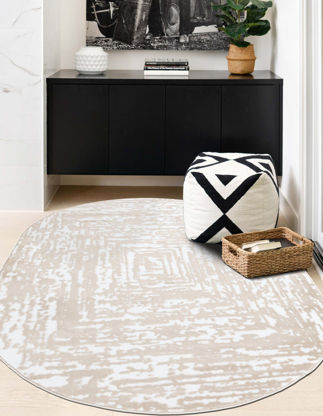 White Bone 5' 3 x 8' Hermitage Oval Area Rug 55% Polypropylene & 45% Polyester Easy Clean Stain-Resistant Carpet for Living, Office, Dorm Rooms for Sale at Rug Engine