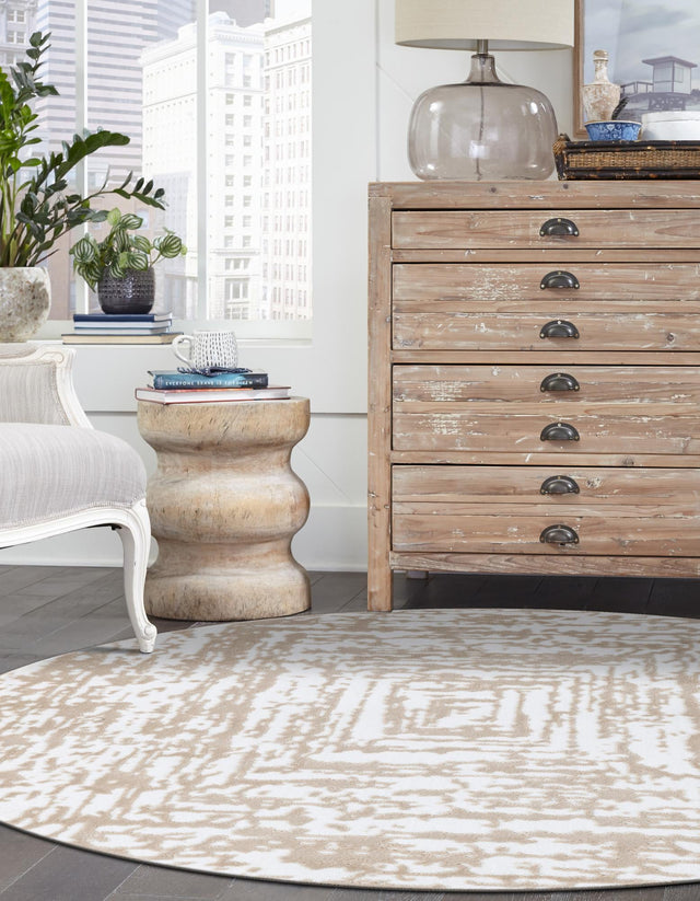 White Bone 7' 10 x 7' 10 Hermitage Round Area Rug 55% Polypropylene & 45% Polyester Easy Clean Stain-Resistant Carpet for Living, Office, Dorm Rooms for Sale at Rug Engine