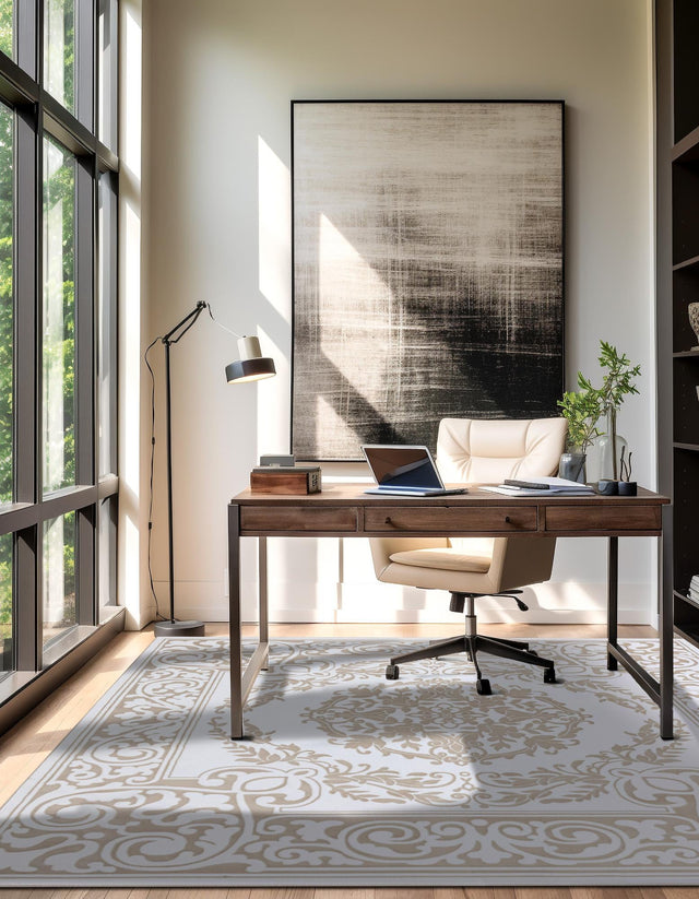 Snow White 6' x 6' Hermitage Square Area Rug 55% Polypropylene & 45% Polyester Easy Clean Stain-Resistant Carpet for Living, Office, Dorm Rooms for Sale at Rug Engine