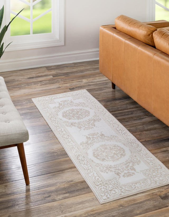 Snow White 2' 6 x 10' Hermitage Runner Area Rug 55% Polypropylene & 45% Polyester Easy Clean Stain-Resistant Carpet for Living, Office, Dorm Rooms for Sale at Rug Engine