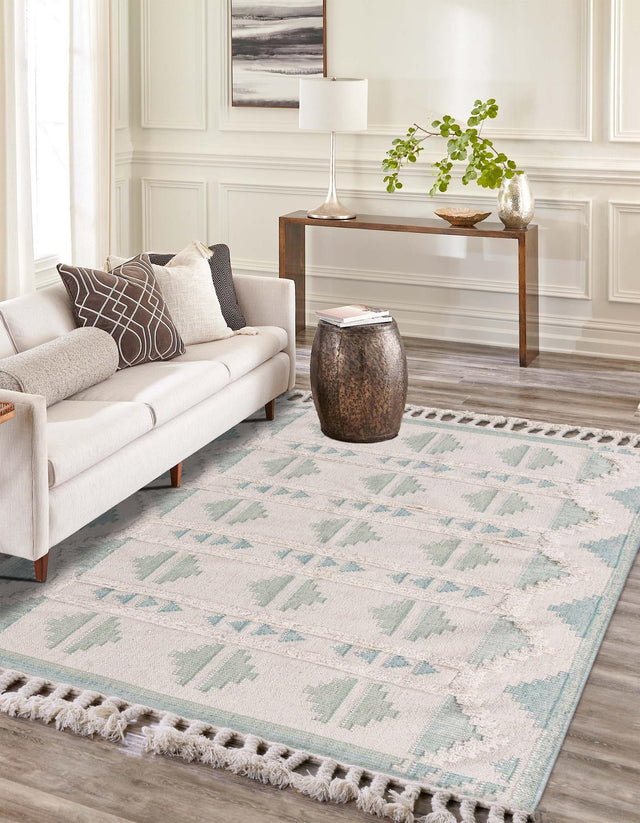 Aquamarine and White 10' x 14' 1 Mesa Rectangle Area Rug 100% Wool Geometric All Natural Carpet for Living, Dining, Office, Bedrooms, Dorms, Kitchens for Sale at Rug Engine