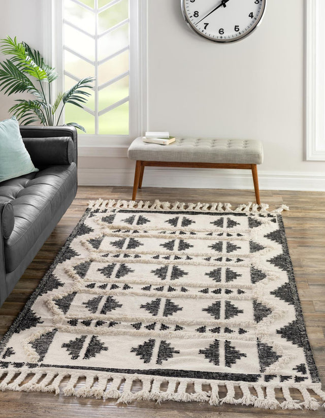 Black and White 8' x 10' Mesa Rectangle Area Rug 100% Wool Geometric All Natural Carpet for Living, Dining, Office, Bedrooms, Dorms, Kitchens for Sale at Rug Engine