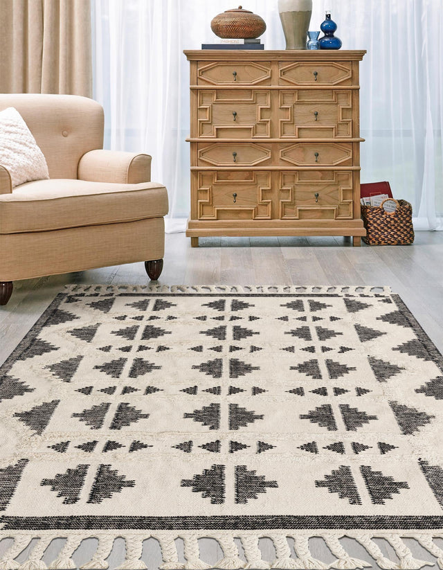 Black and White 8' x 10' Mesa Rectangle Area Rug 100% Wool Geometric All Natural Carpet for Living, Dining, Office, Bedrooms, Dorms, Kitchens for Sale at Rug Engine